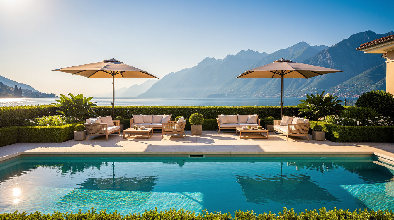 Terrasse et jardin d'une villa avec vue sur le lac